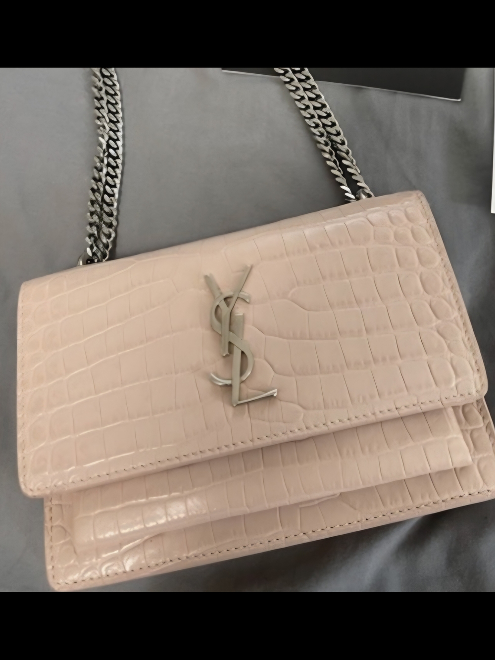 Saint Laurent Pale Pink Croc-Embossed Envelope Wallet-on-Chain Bag